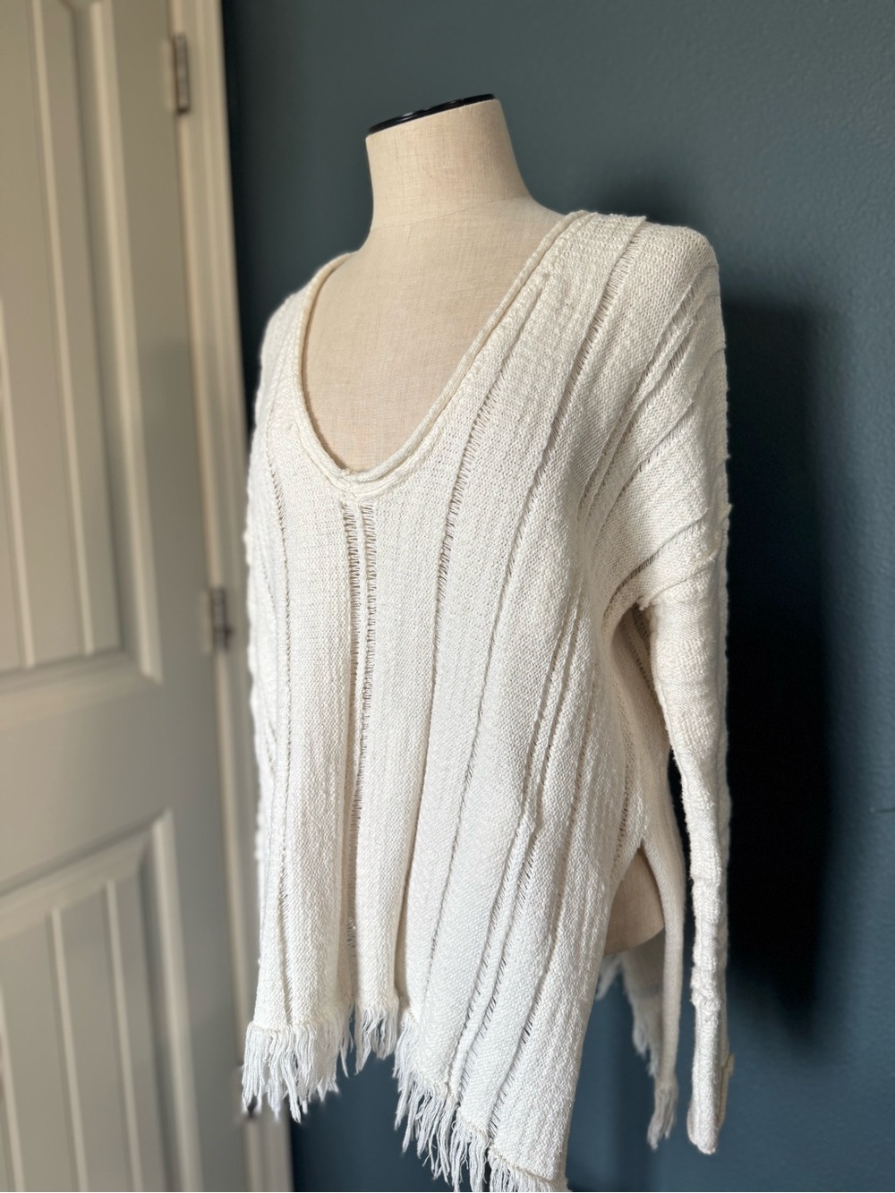 Free People Cream Knit V-Neck Sweater with Frayed Hem